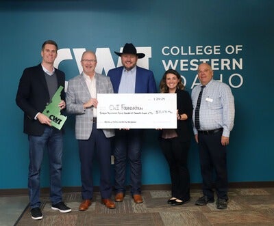 Matt Borud (VP of Marketing, Bank of Idaho), left, Mark Arstein (VP of Advancement, CWI), Jeff Newgard (Chairman, President, and CEO, Bank of Idaho), Ashley Van Cleave (Marketing and Event Administrator, Bank of Idaho), Mike Jensen (Executive Director, CWI Foundation) Check presentation with CWI Foundation